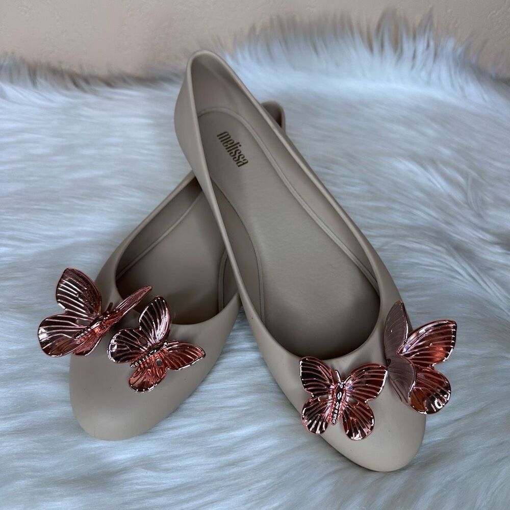 Melissa Women's Doll Rose Gold Butterfly Ballet Flats Nude Size 8